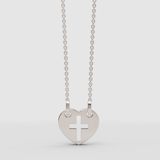 Heart Cross Cutout Pendant Necklace With Double Chain - One