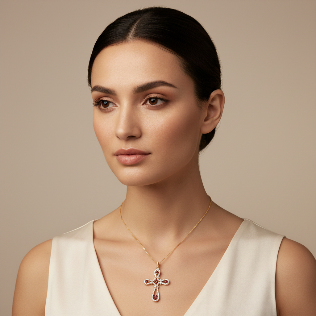 Ornate Cross Pendant Necklace With Red And Clear Stones Halo Design - Five
