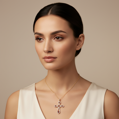 Ornate Cross Pendant Necklace With Red And Clear Stones Halo Design - Five