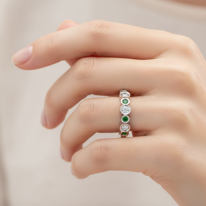 Emerald And Diamond Bezel Set Stackable Band Ring - Eight