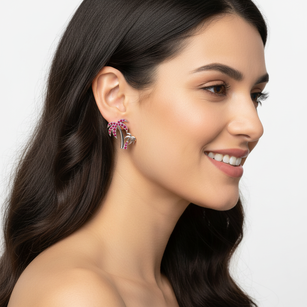 Pink Crystal Palm Tree Stud Earrings - Five