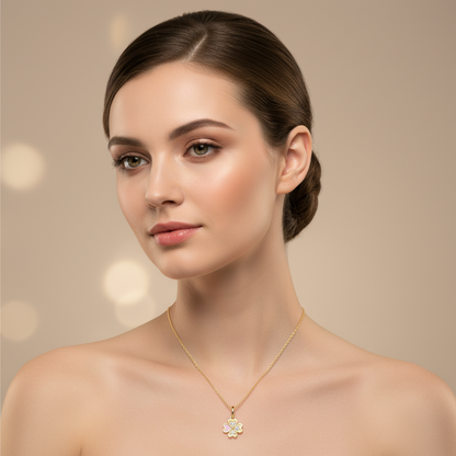 Pink Enamel Four Leaf Clover Pendant Necklace With Crystal Accents - Five