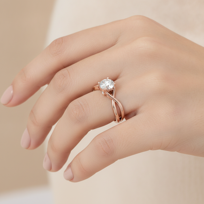 Nature Inspired Pattern Solitaire Ring In 925 Sterling Silver - Fourteen