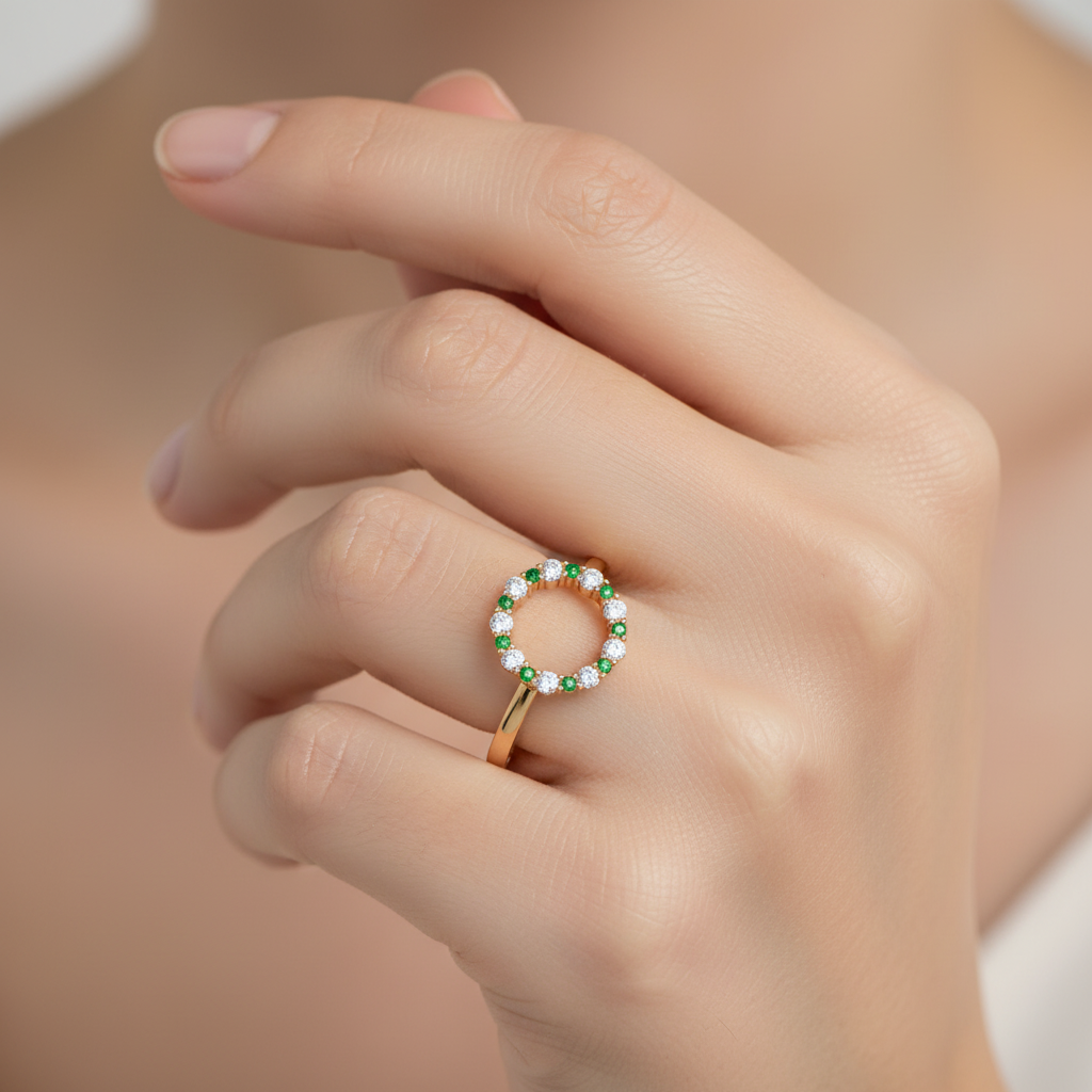 Emerald And Diamond Open Circle Ring - Two