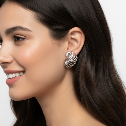 Gold Feather Stud Earrings With Peacock Accent - Nine