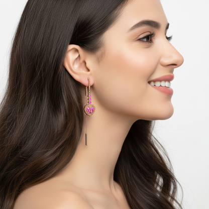Ruby Heart Threader Earrings with Bar Drop