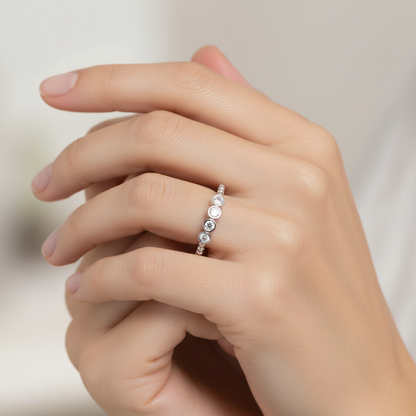 Diamond Bezel Half Band Ring in Gold – Minimal 5 Stone Stackable Ring with Beaded Shank | Jebij