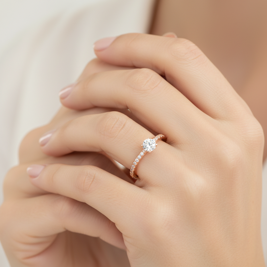 Rose Gold Solitaire Diamond Engagement Ring With Pav Band - Fourteen