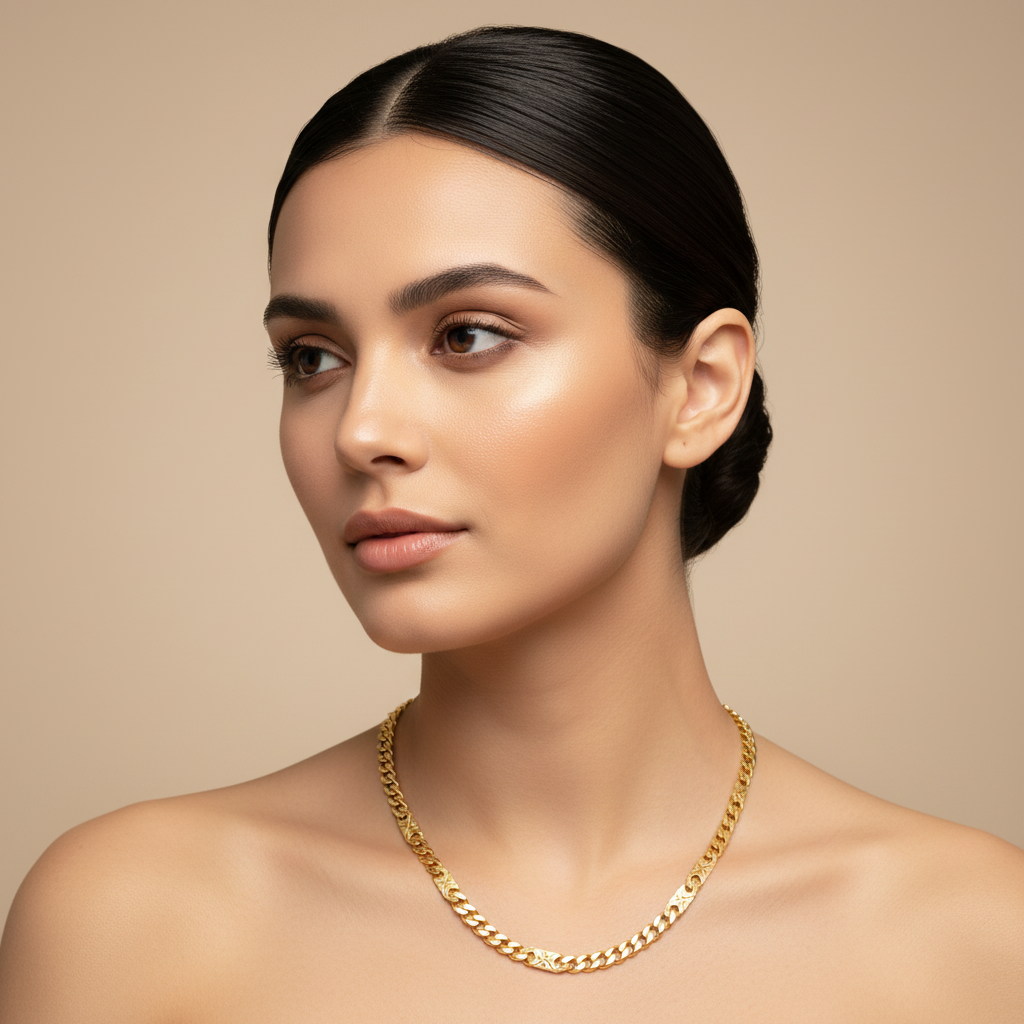 Cuban Link Chain Necklace With Star Pattern Detail 20 Inch - Four
