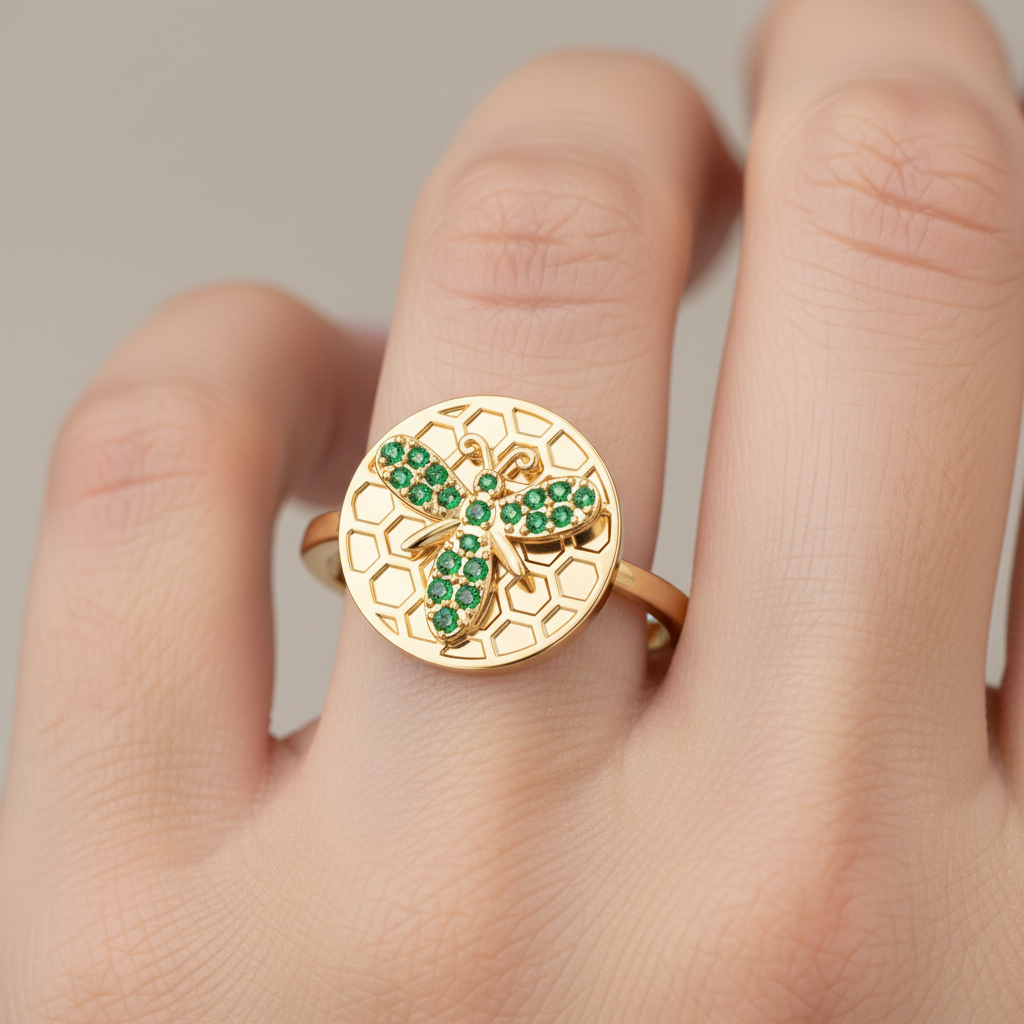 Emerald Bee Honeycomb Disc Ring - Eight
