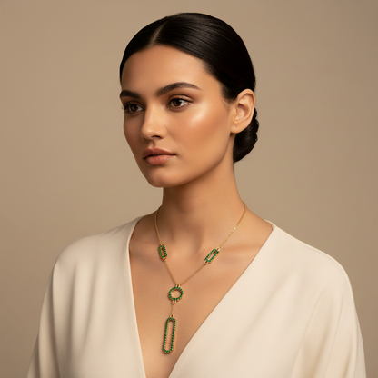 Lab-Grown Emerald Geometric Drop Y Necklace In White Gold | Modern Pave Circle & Bar Design (16–17 Inch Adjustable) | Jebij - Eight