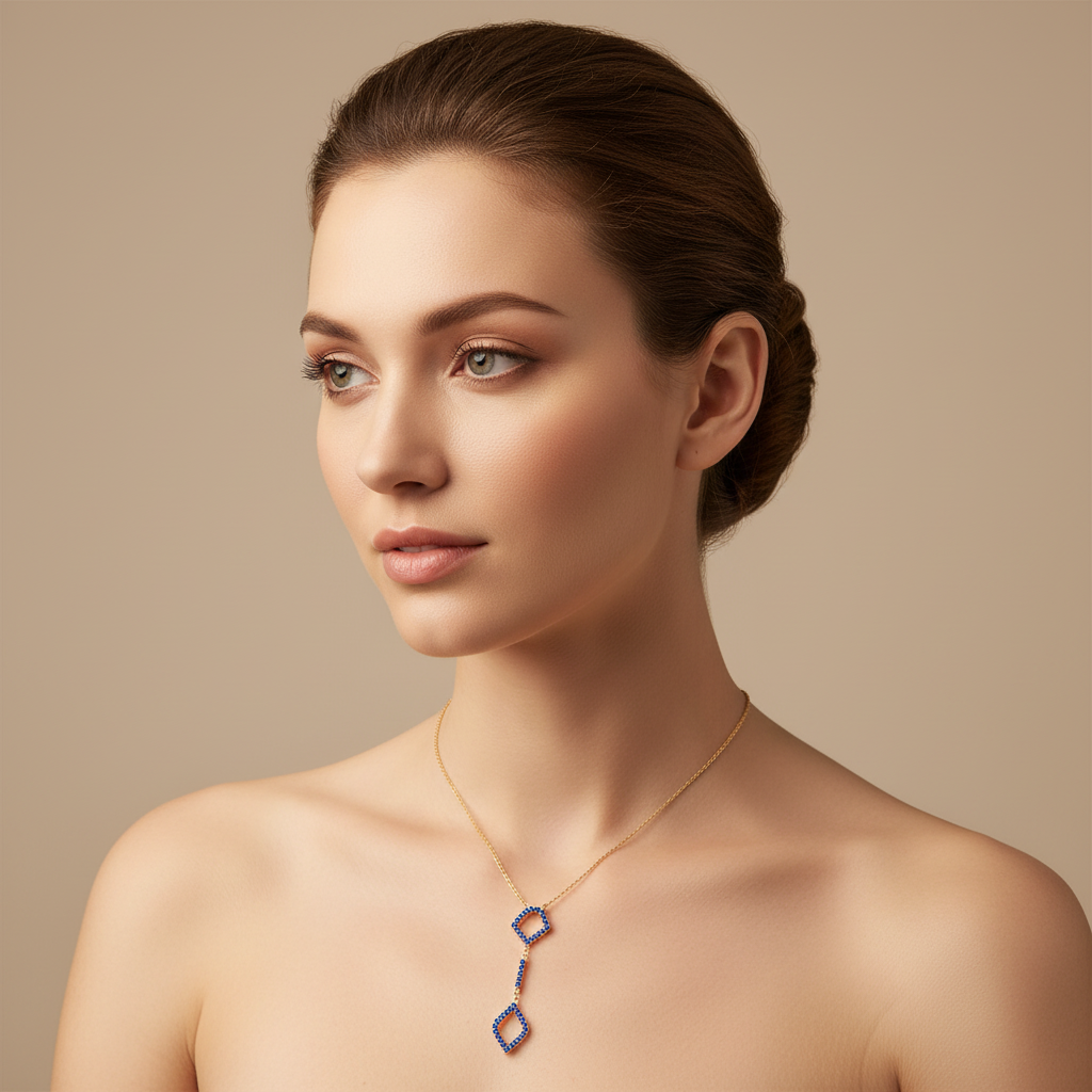 Blue Sapphire Geometric Drop Pendant Necklace | White Gold Adjustable 16–17 Inch Chain - Five