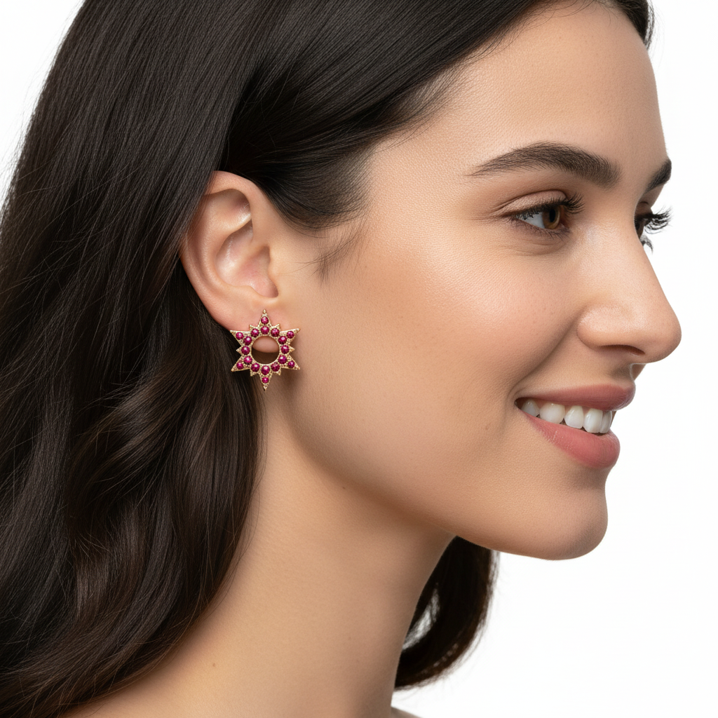 Ruby Starburst Halo Stud Earrings - Five