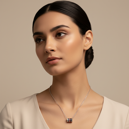 Rose Gold Multi-Band Barrel Pendant Necklace With Diamond, Red Gemstone & Enamel | Jebij - Five