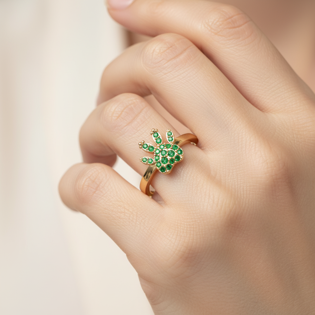 Emerald Paw Print Ring With Pav Gemstones - Two