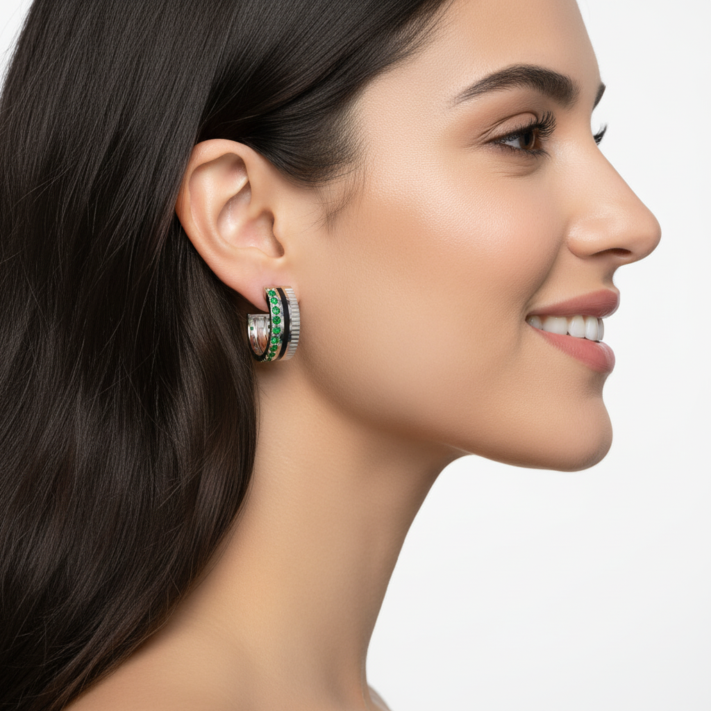 Emerald Hoop Earrings With Black Enamel Accent - Two