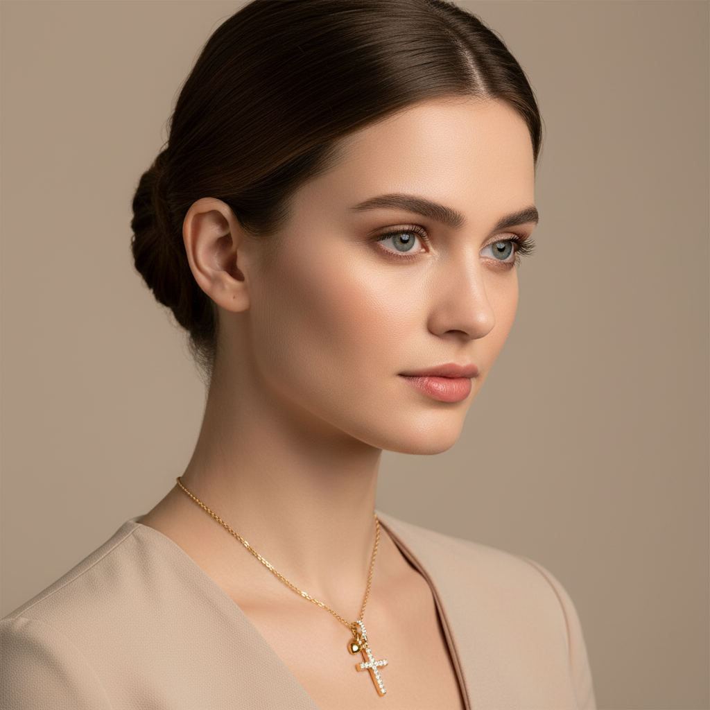 Pav Cross Pendant Necklace With Heart Charm - Four