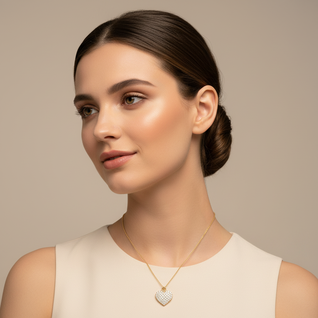 Diamond Heart Pendant Necklace For Women | White Gold Pave Heart With Adjustable 16–17 Inch Chain - Five