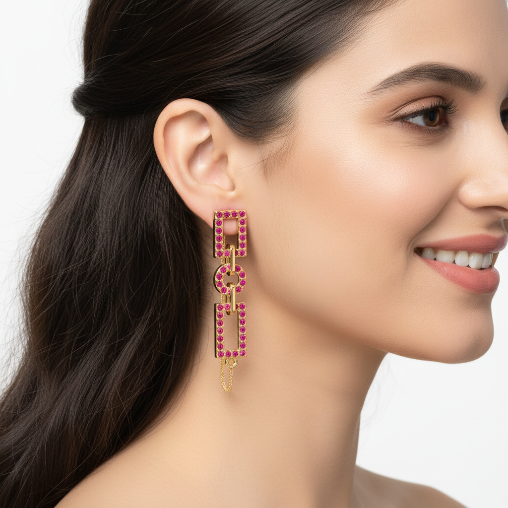Red Gemstone Geometric Chain Drop Earrings With Rectangle And Circle Links - Five