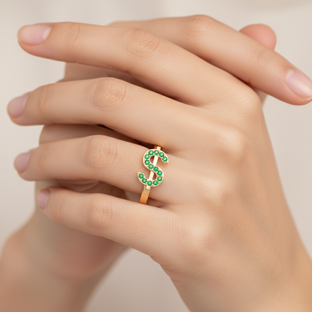 Green Emerald Dollar Sign Statement Ring