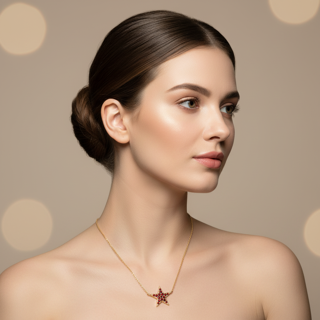 Pink Crystal Star Pendant Necklace Rose Tone Chain - Five