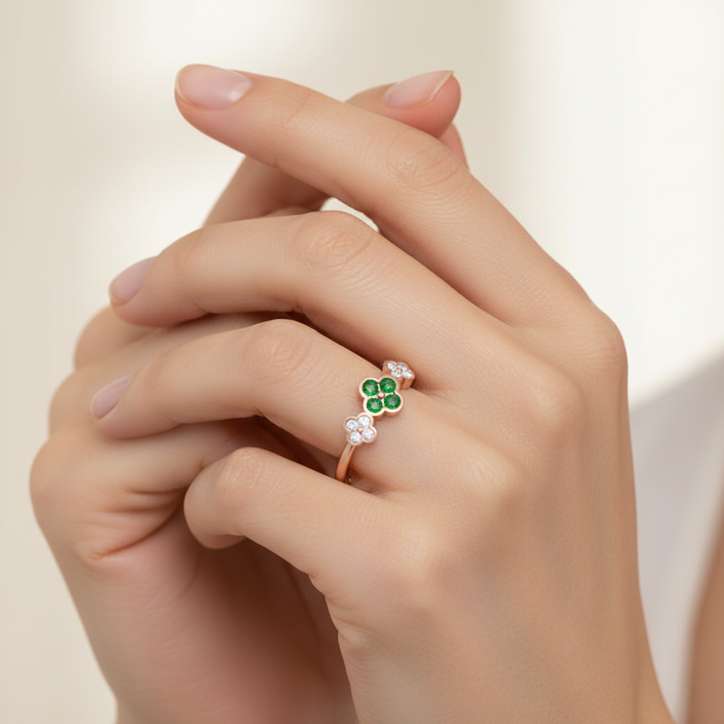 Emerald And Diamond Triple Clover Flower Ring - Eight