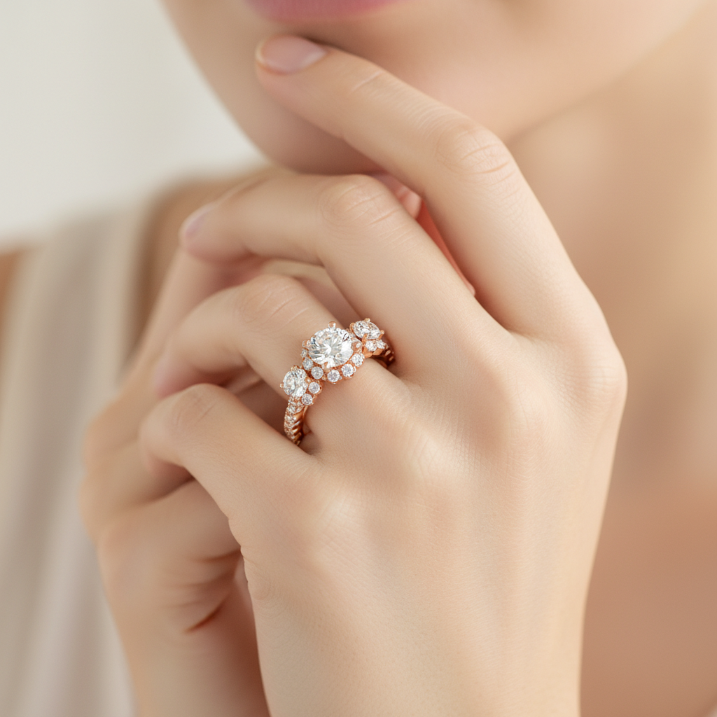 Rose Gold Three Stone Diamond Engagement Ring With Halo And Pav Band - Fourteen
