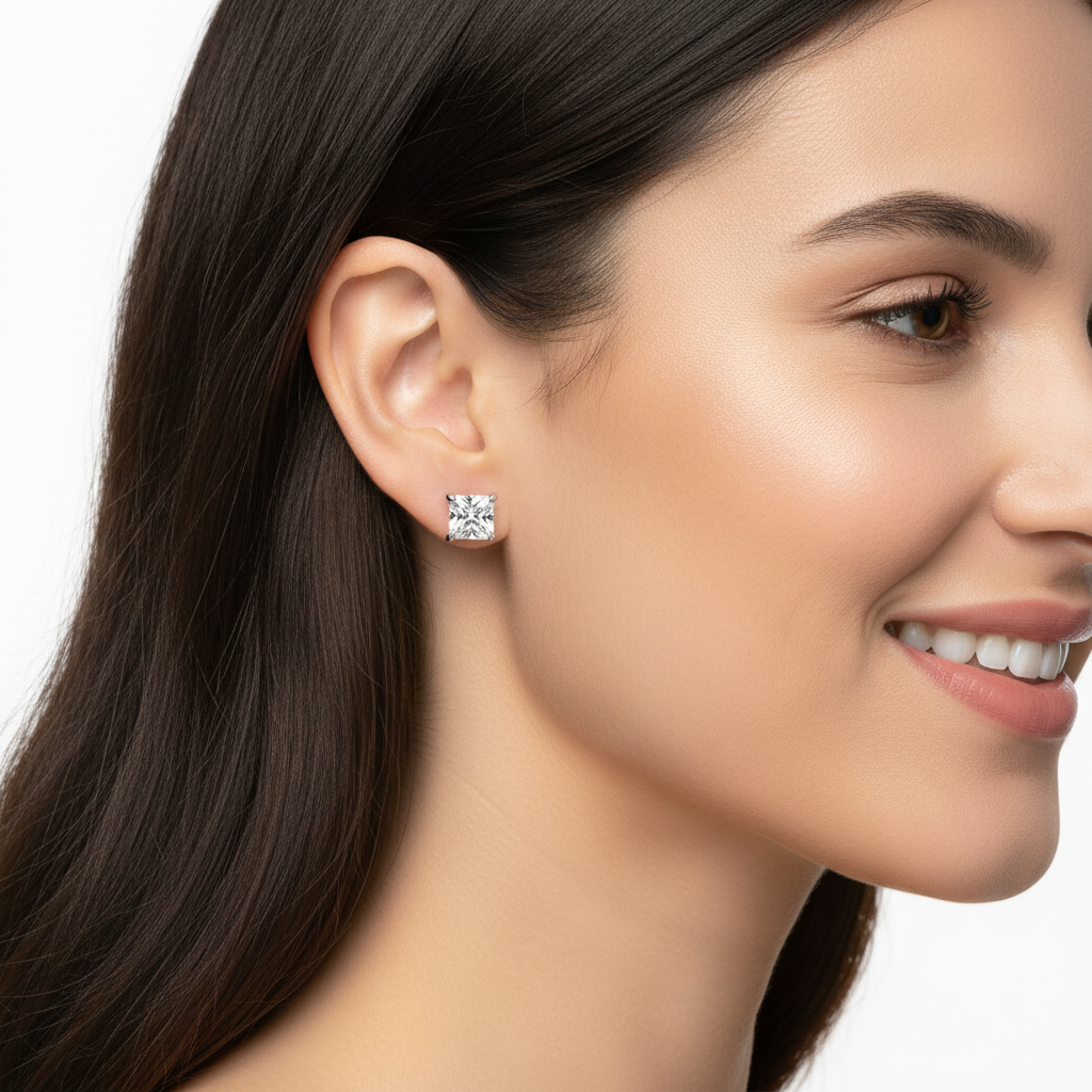 Princess Cut Diamond Stud Earrings In White Gold - Eight