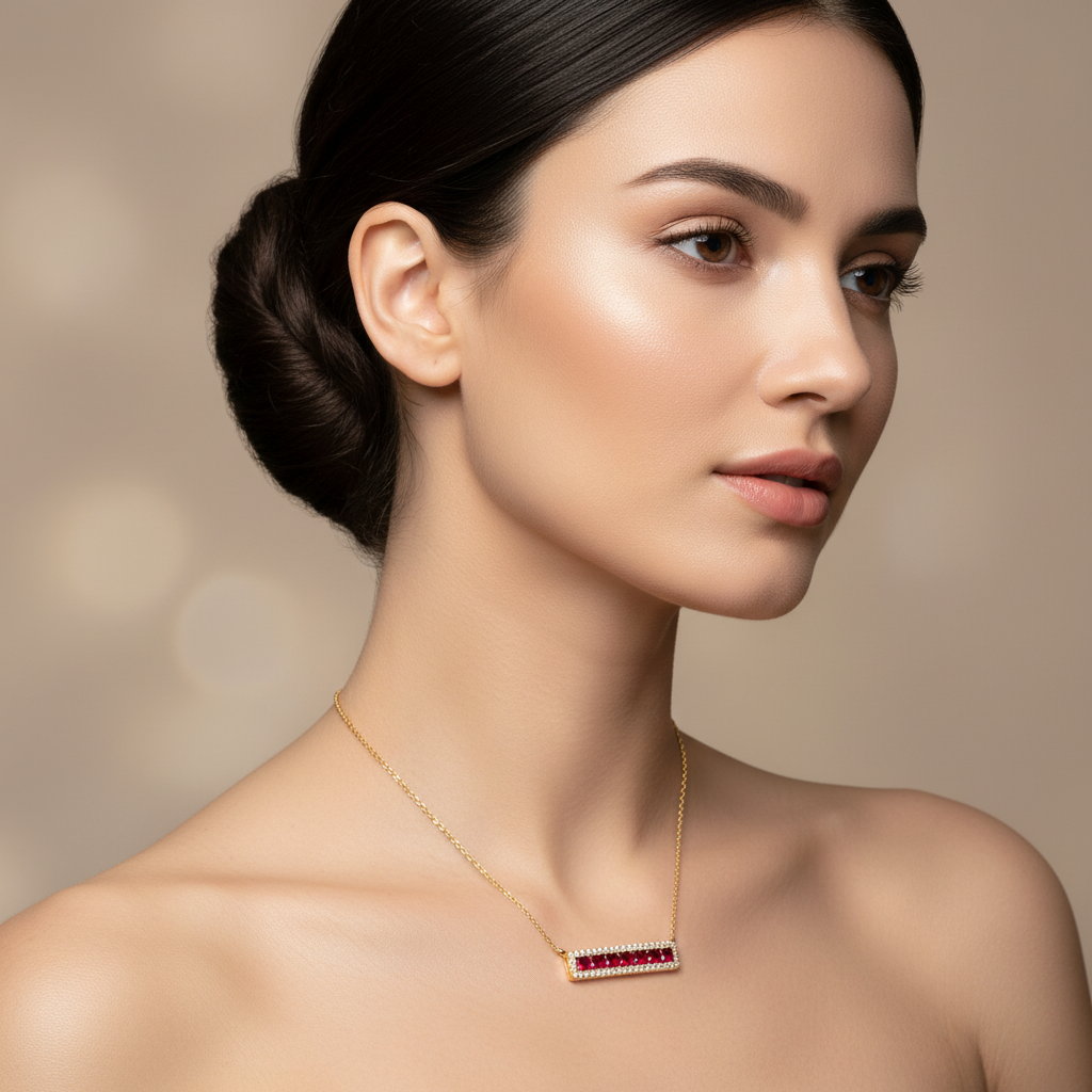 Rose Gold Ruby Princess Cut Diamond Halo Bar Necklace - Five