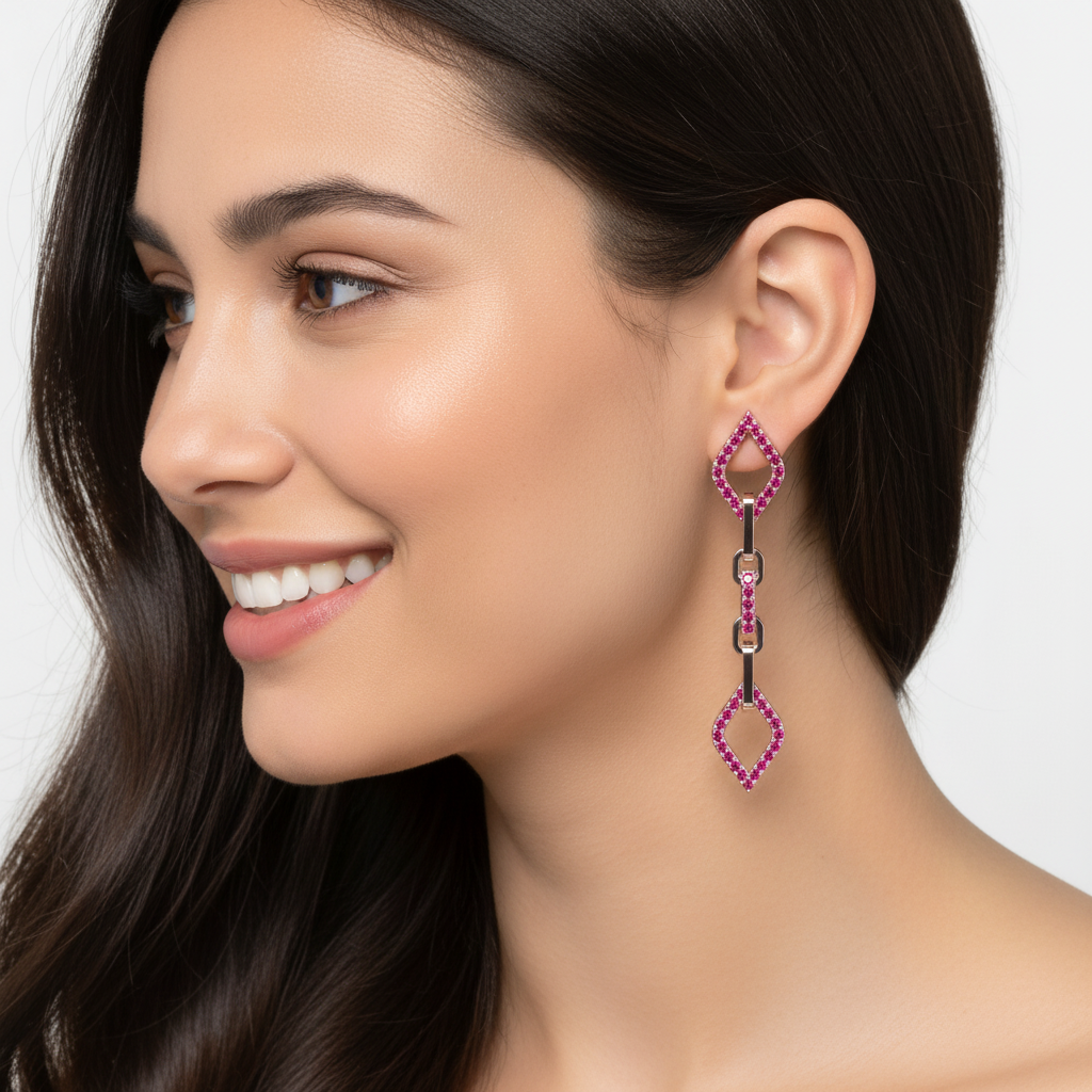 Ruby Chain Link Drop Earrings With Diamond Shaped Accents - Five