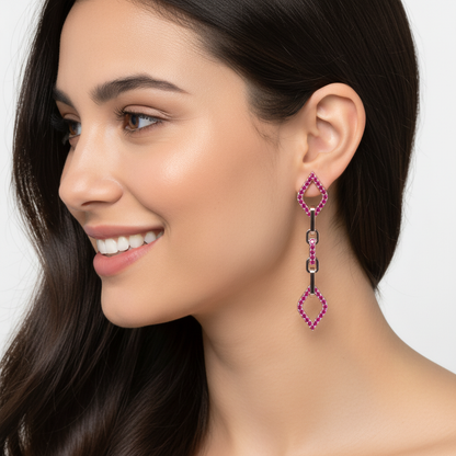 Ruby Chain Link Drop Earrings With Diamond Shaped Accents - Five