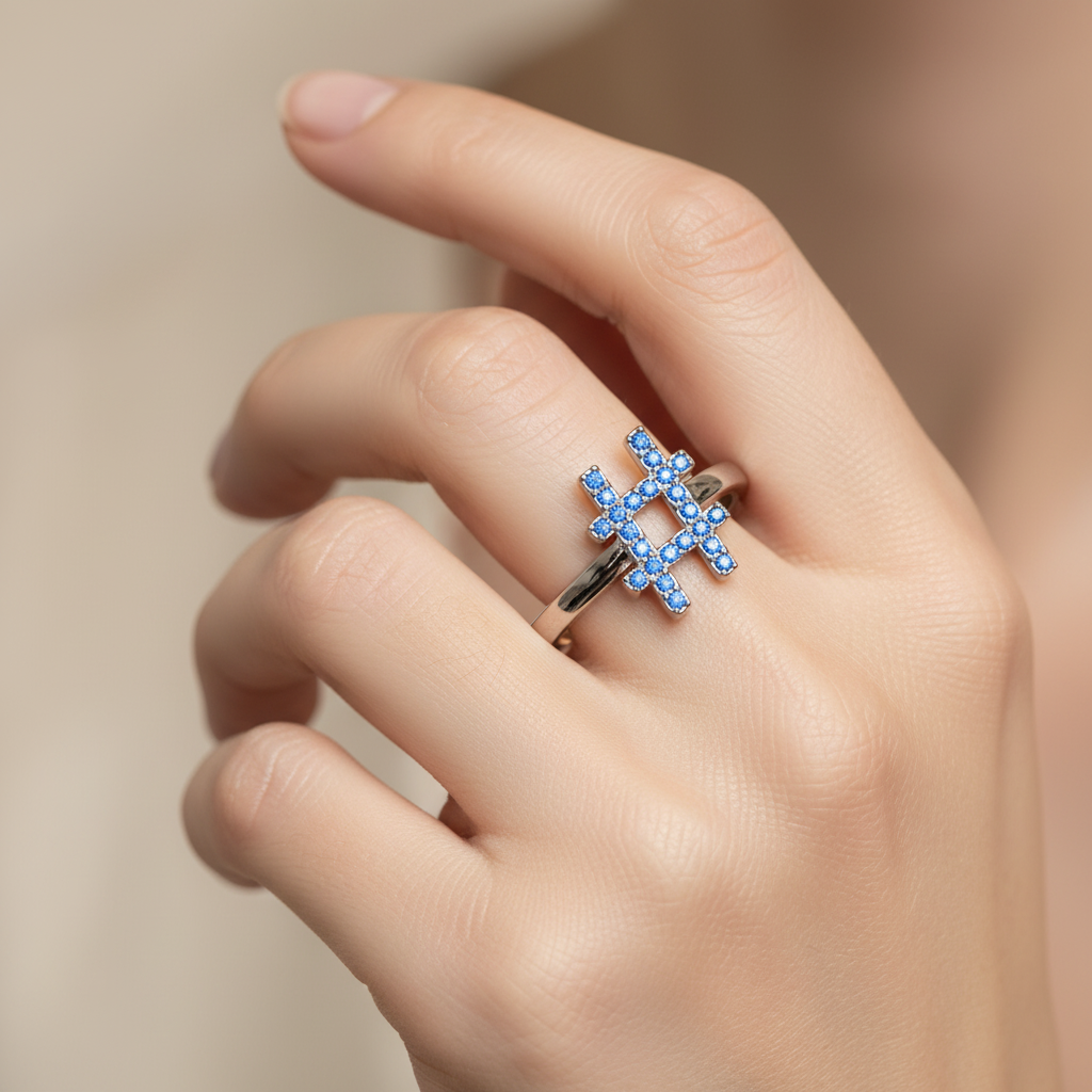 Blue Sapphire Hashtag Symbol Ring With Pav Stones - Eight