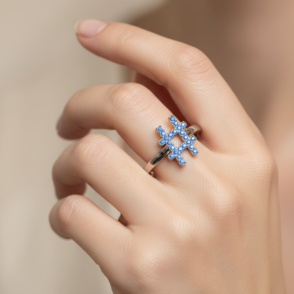 Blue Sapphire Hashtag Symbol Ring With Pav Stones - Eight