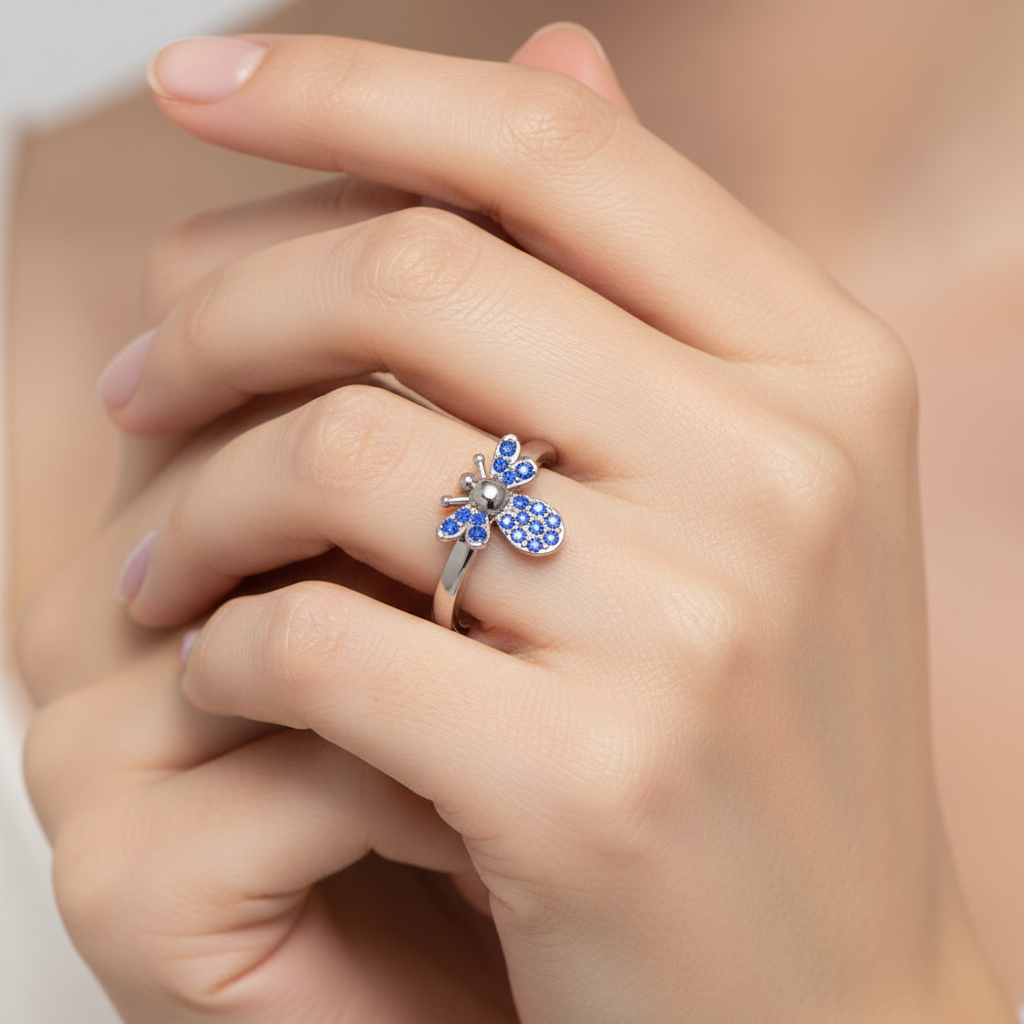 Blue Stone Bee Ring In White Gold - Eight