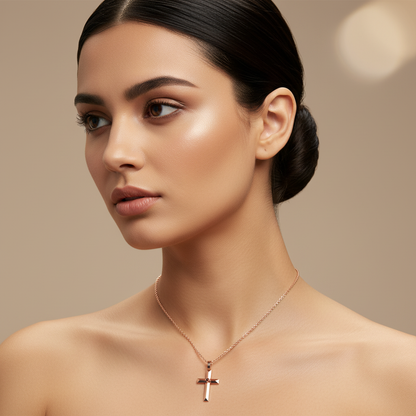 Rose Tone Cross Pendant Necklace With Red Crystal Center Stone - Five