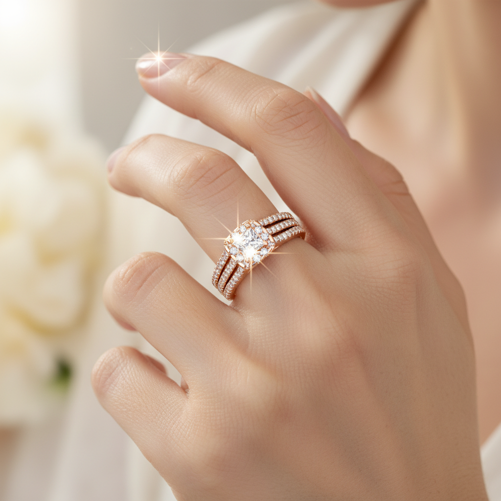 Rose Gold Princess Cut Diamond Halo Engagement Ring With Triple Row Band - Fourteen