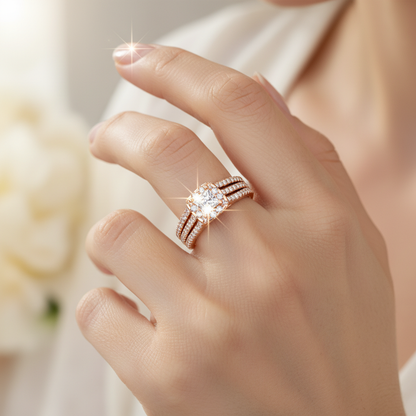 Rose Gold Princess Cut Diamond Halo Engagement Ring With Triple Row Band - Fourteen