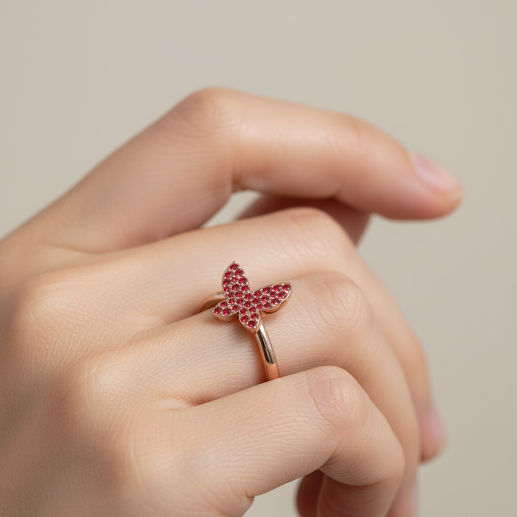 Ruby Butterfly Pav Ring In Rose Tone Finish - Eight