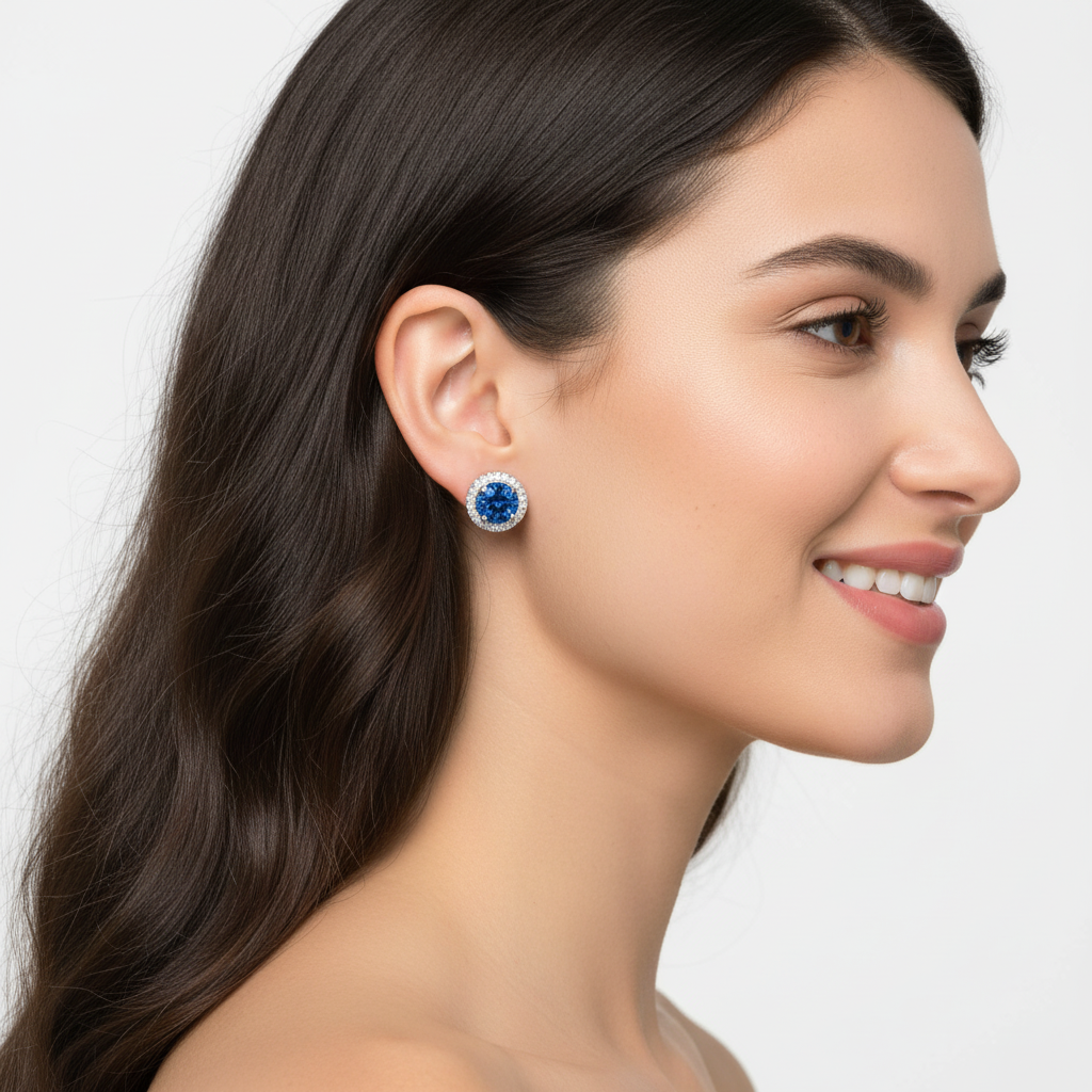 Blue Sapphire Round Halo Stud Earrings With Moissanite Accents In 925 Silver - Two