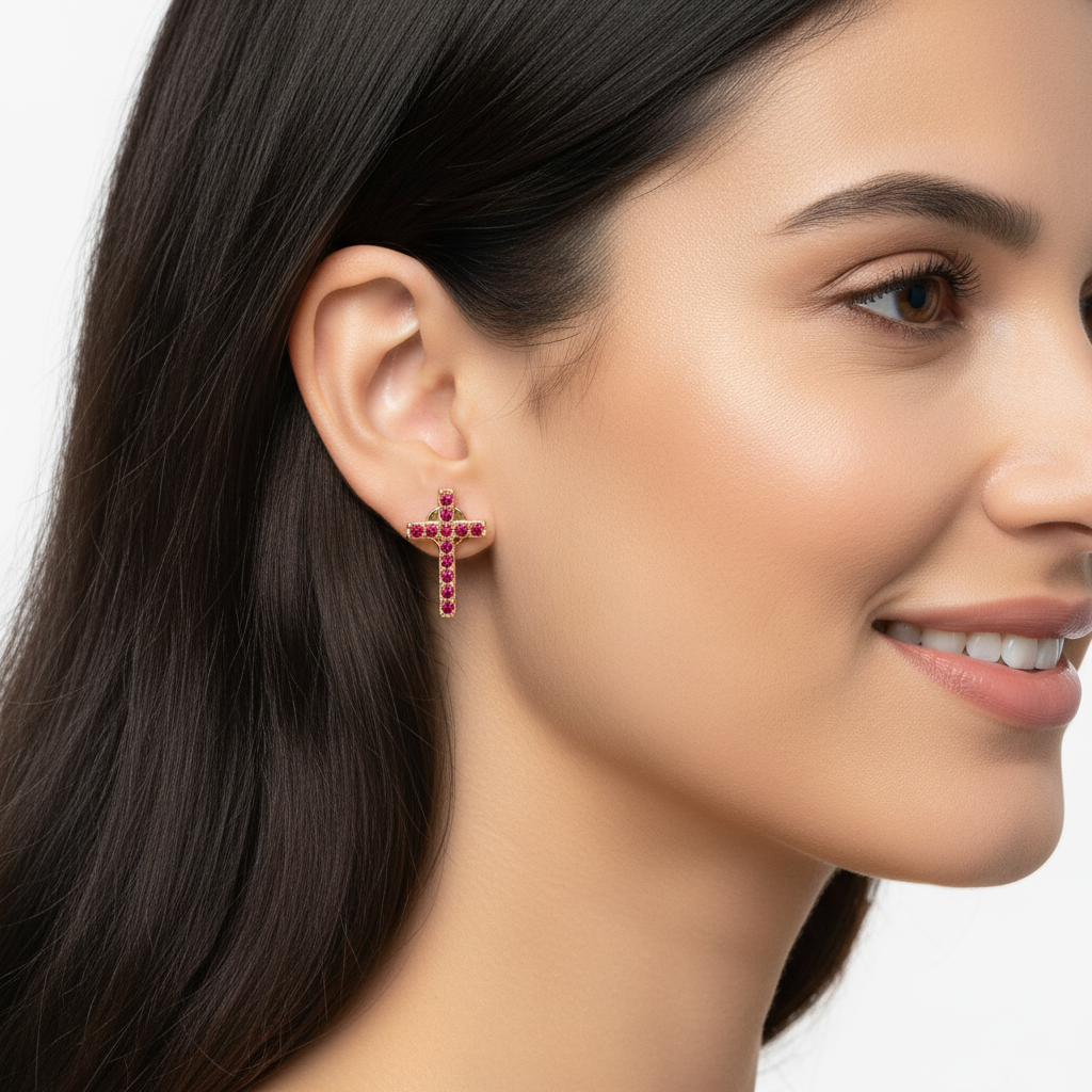 Ruby Cross Stud Earrings With Screw Back Closure - Five
