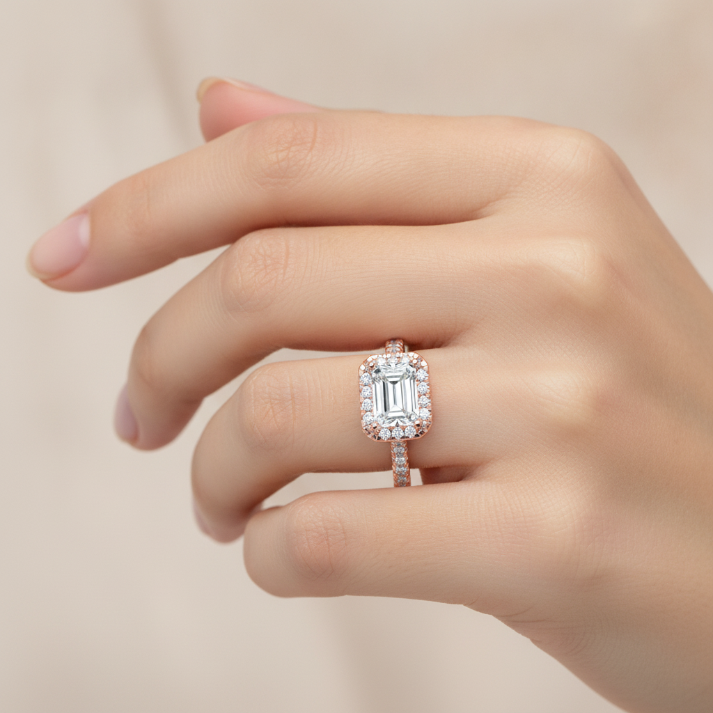 Emerald Cut Halo Diamond Engagement Ring In 925 Sterling Silver - Thirteen