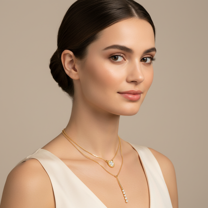 Layered Crystal Halo And Linear Drop Pendant Necklace Set - Five