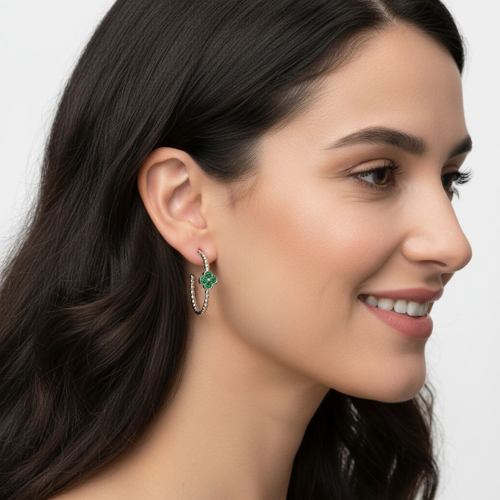 Beaded Hoop Earrings With Green Clover Accent - Five