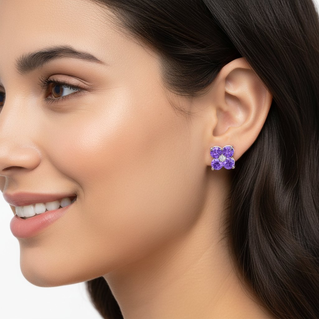 925 Sterling Silver Purple Amethyst Clover Stud Earrings With Diamond Center – Floral Cluster Elegant Jewelry - Four