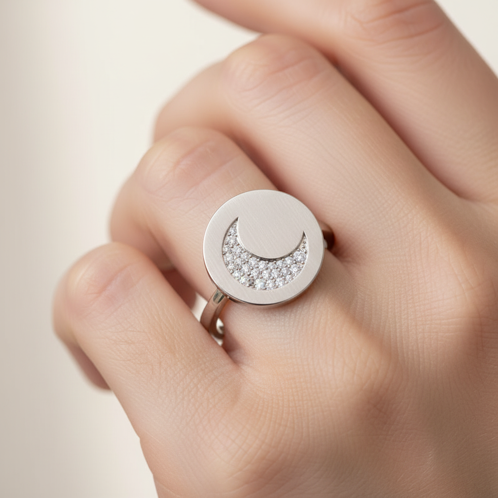 Crescent Moon Disc Ring With Pav Crystals - Eight