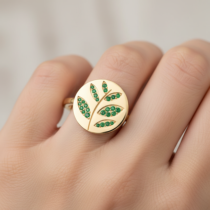 Emerald Leaf Disc Ring With Pav Gemstones - Eight