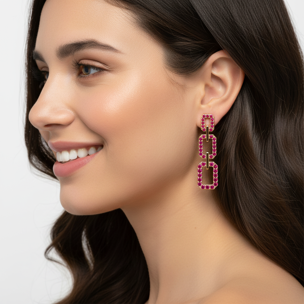 Pink Crystal Triple Link Chain Drop Earrings - Five