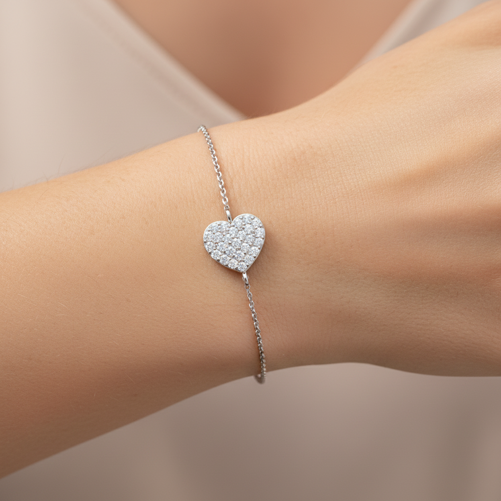 Pav Heart Pendant Bracelet With Chain - Eight