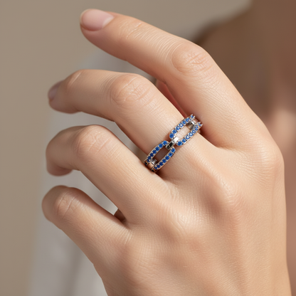 Lab-Grown Blue Sapphire Interlocking Link Ring in White Gold | Double Pave Luxury Chain Design Statement Ring for Women | Jebij