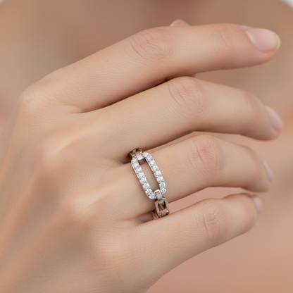 Diamond Interlocking Link Ring In White Gold | Modern Chain Style Pave Design Statement Ring For Women | Jebij - Eight